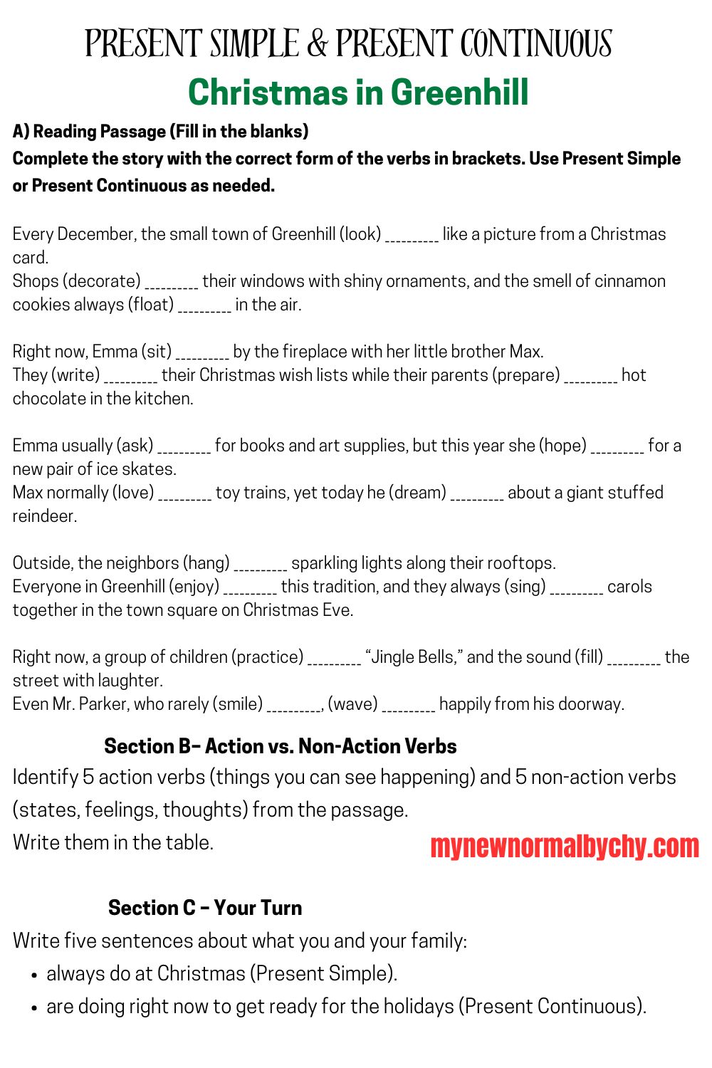 present-simple-and-present-continuous-reading-christmas-in-greenhill