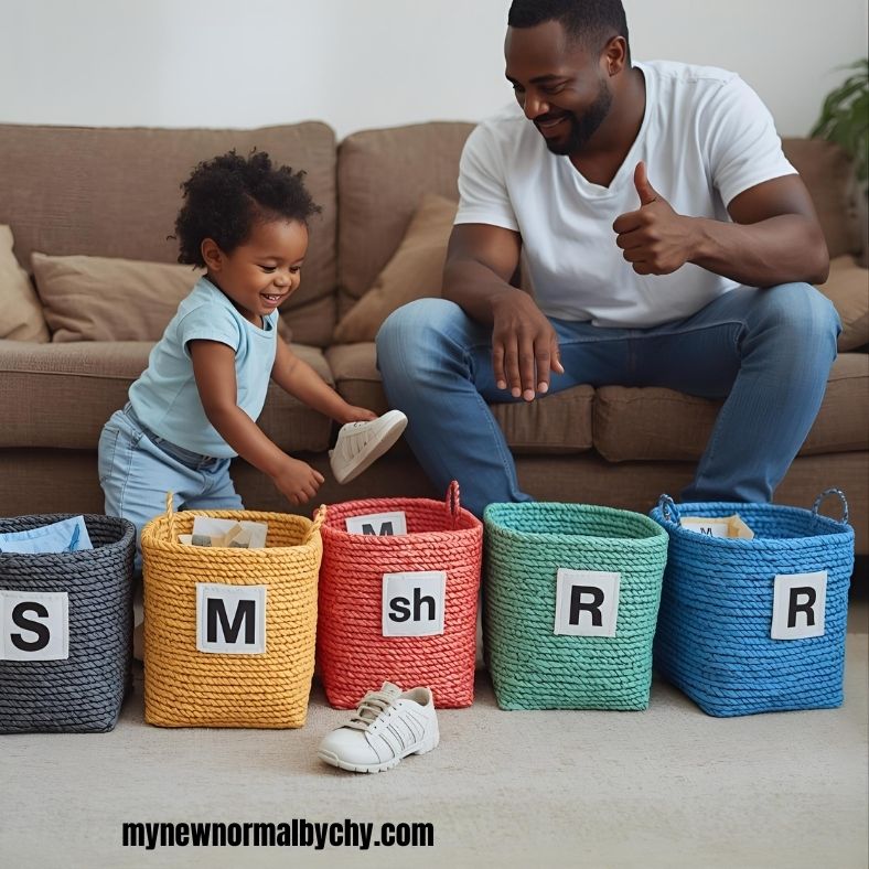image-of-a-man-and-a-toddler-girl-with-five-colourful-baskets-labeled-with-letter-sounds-toddler-matching-objects-with-the-correct-sounds