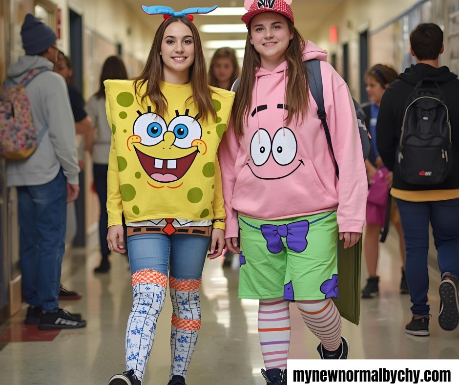 a-photo-of-two-students-in-sponge-bob-and-patricks-costume-in-the-schools-hallway