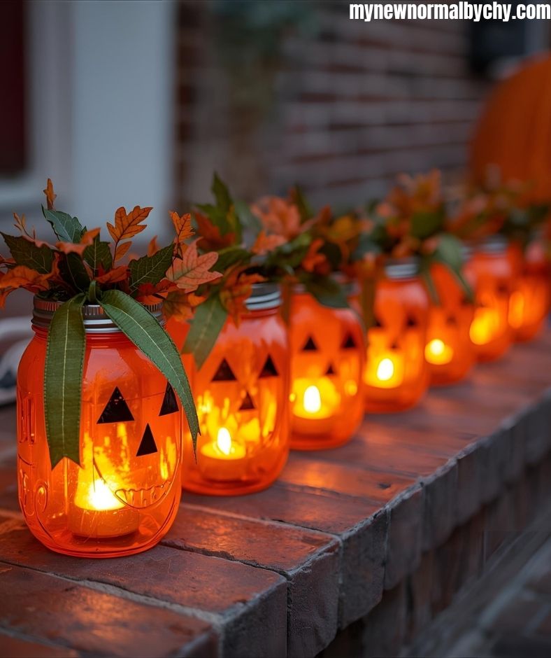 Pumpkin-mason-jars-lined-up-in-front-of-a-house-diy-halloween-decorations-you-can-make-with-kids