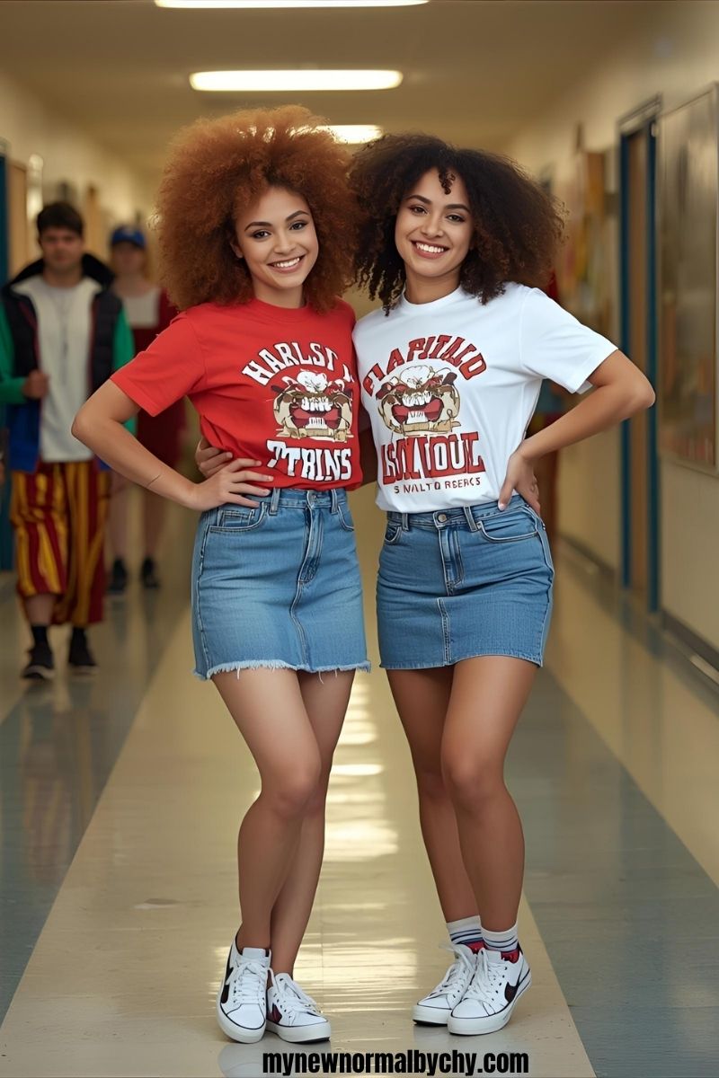 two-girls-twining-in-denim-and-tshirt-on-school-spirit-week