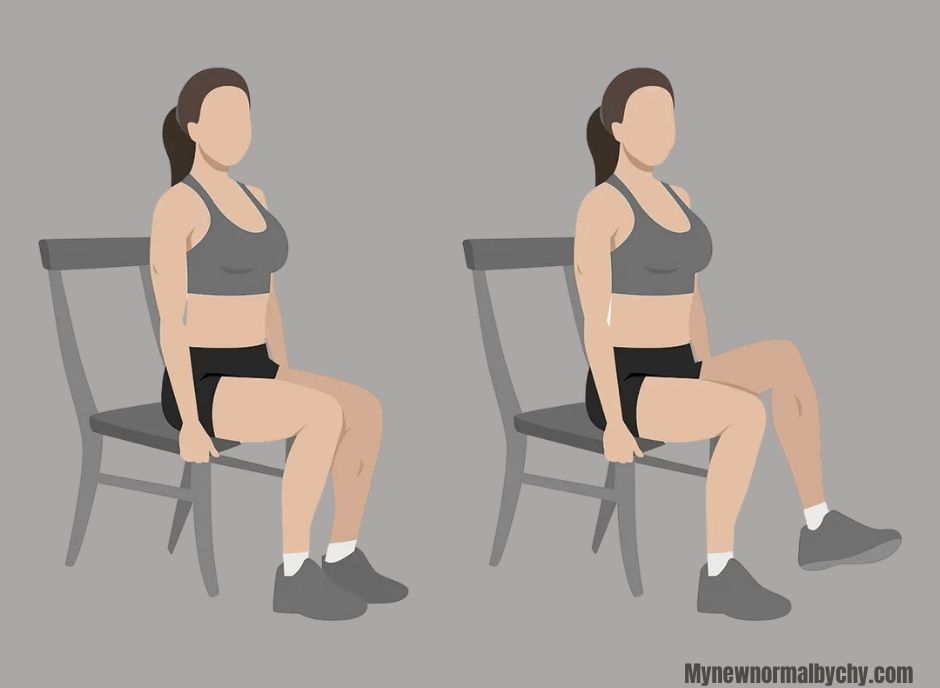 graphic-image-of-a-woman-sitting-doing-and-doing-knee-lifts-7-Safe-Postpartum-Workout-Routine-for-Beginners-After-Normal-Delivery