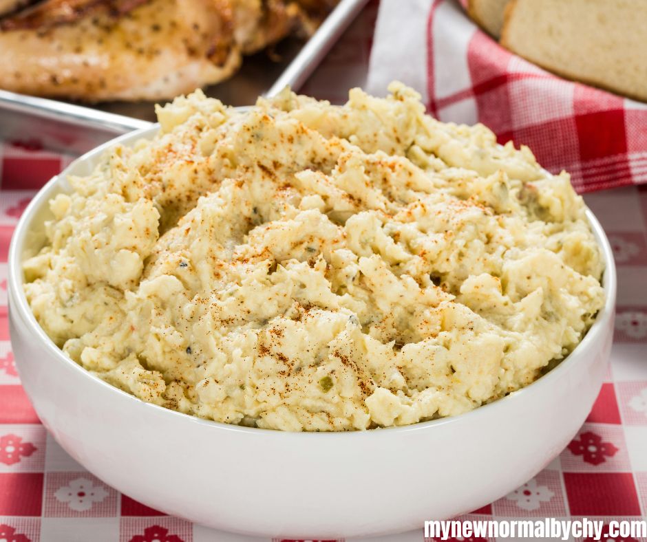 mashed-potatoes-and-tuna-salad-on-a-picnic-table