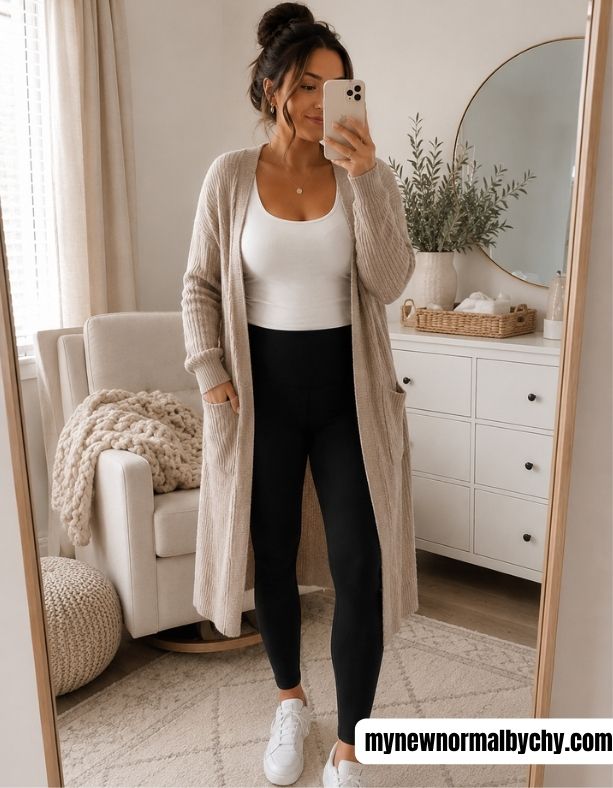 A-beautiful-postpartum-mom-in-a-long-cardigan-tank-top-and-leggings