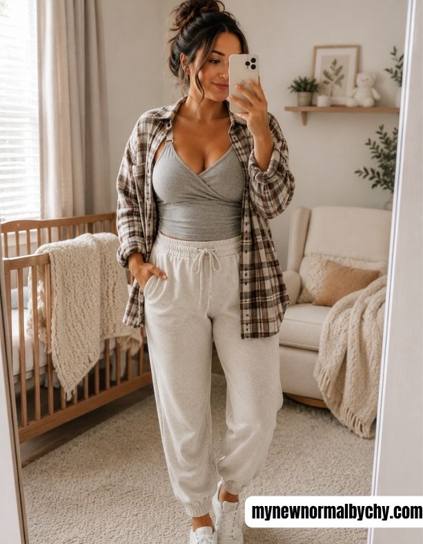 Nursing-Tank-Flannel-Shirt-Joggers-15-Comfortable-Postpartum-Outfits-That-Hide-the-Mom-Pooch-Beautifully