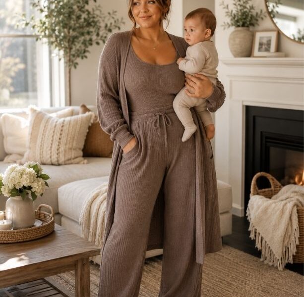 A-postpartum-mom-rocking-ribbed-knit-sets