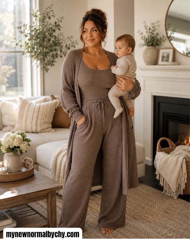 A-postpartum-mom-rocking-ribbed-knit-sets