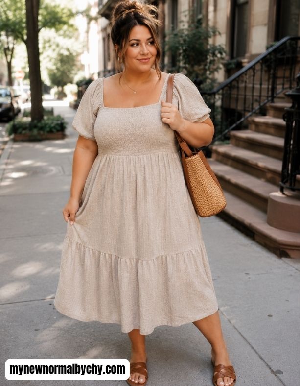 A-plus-size-postpartum-mom-in-a-smocked-dress-15-Comfortable-Postpartum-Outfits-That-Hide-the-Mom-Pooch-Beautifully
