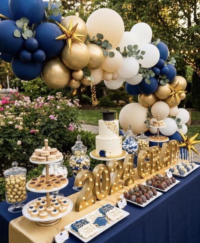 dessert-table-with-ballon-arch-College-Graduation-Party-Decorations-Food-and-Games-in-One-Guide