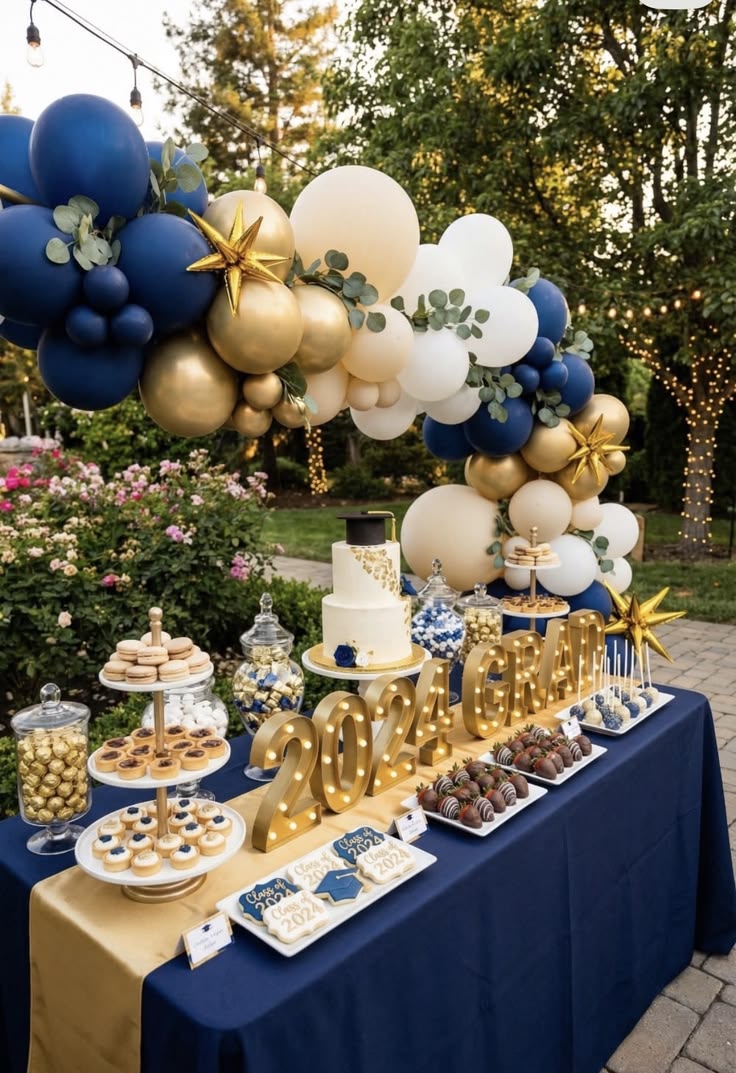 dessert-table-with-ballon-arch-Graduation-Cupcake-and-Cake-Table-Ideas