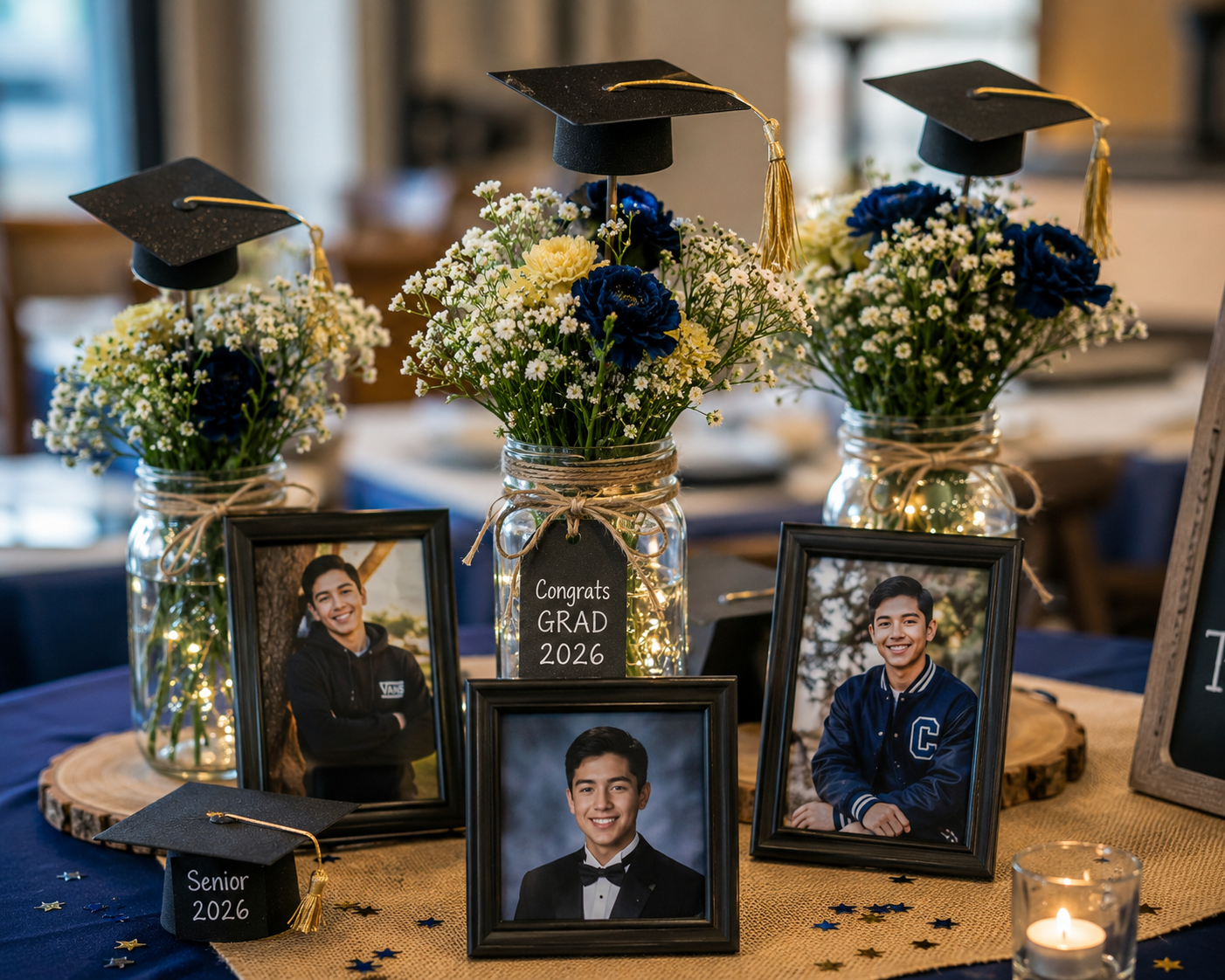 graduation-centrepieces-with-mason-jar-budget-friendly-high-school-graduation-party-ideas