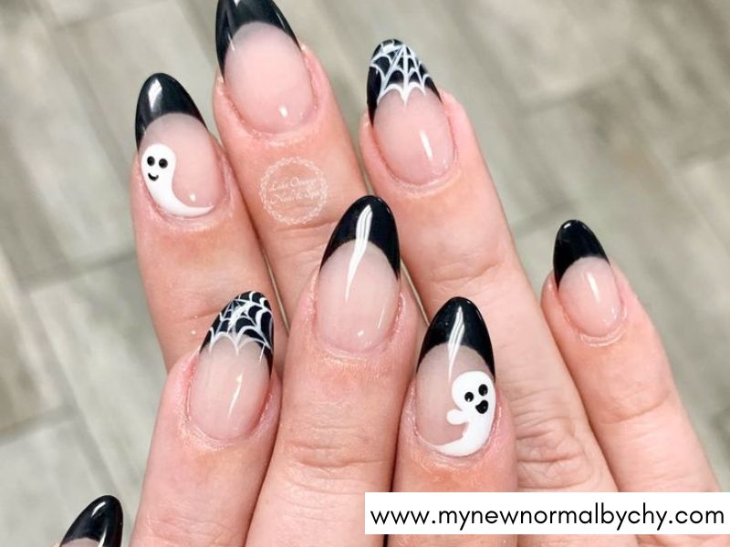 Black-French-Tips-with-Tiny-Ghosts-Cute-Halloween-Nails-You'll-Want-to-Copy-This-Spooky-Season