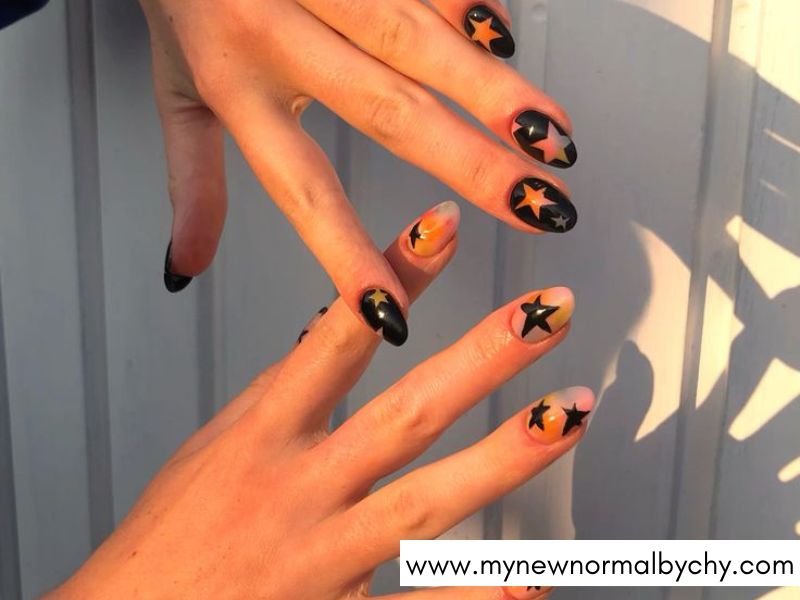 Black-Matte-Nails-with-Orange-Stars
