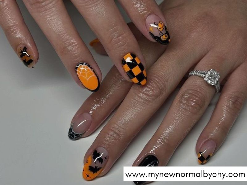 Black-and-Orange-Checkerboard-Nails