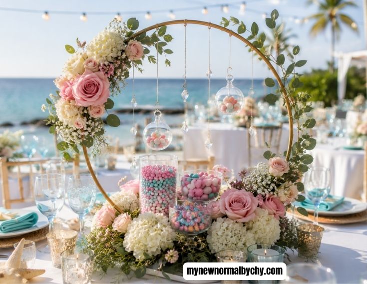 Candy-floral-hoop-in-a-seaside-themed-wedding