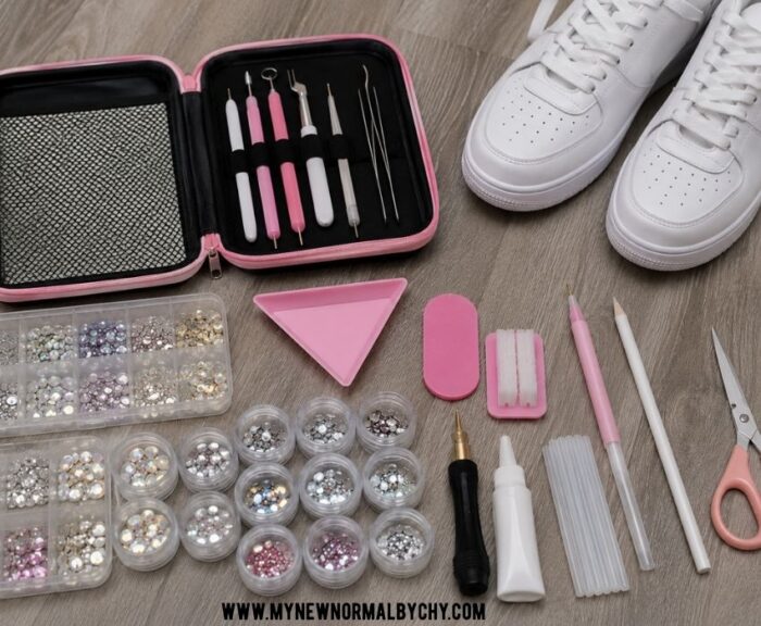Overhead-shot-of-a-bedazzling-tool-kit-laid-out-on-the-floor