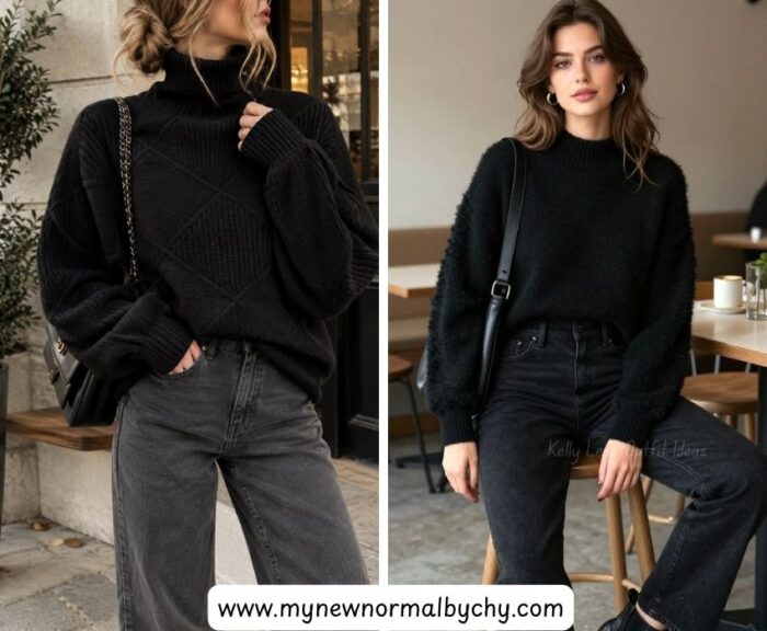 Black-oversized-sweater-with-black-denim-45-Cute-Sweater-and-Jeans-Outfits-for-Women