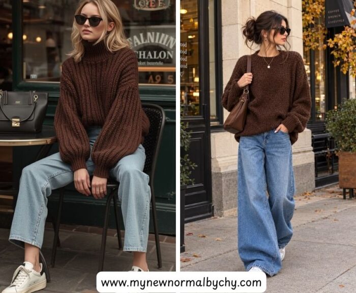 Chocolate-brown-sweater-with-blue-jeans-45-Cute-Sweater-and-Jeans-Outfits-for-Women