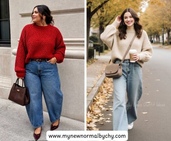 Chunky-sweater-with-wide-leg-jeans