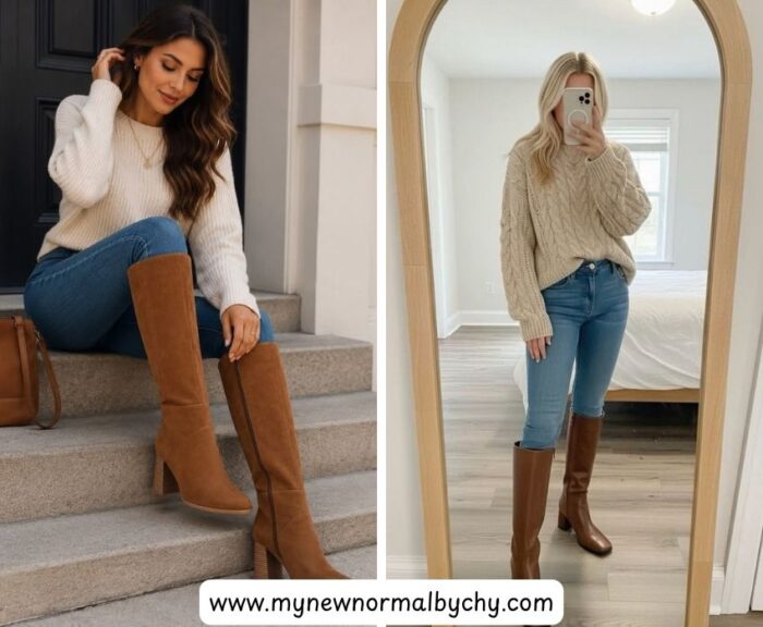 Knee-high-boots-and-jeans-45-Cute-Sweater-and-Jeans-Outfits-for-Women