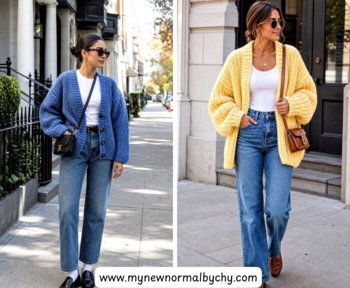 Oversized-cardigan-with-blue-jeans-45-Cute-Sweater-and-Jeans-Outfits-for-Women
