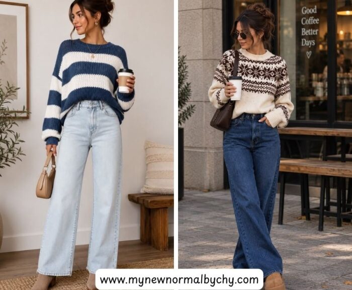 Patterned-Sweater-with-simple-jeans-45-Cute-Sweater-and-Jeans-Outfits-for-Women