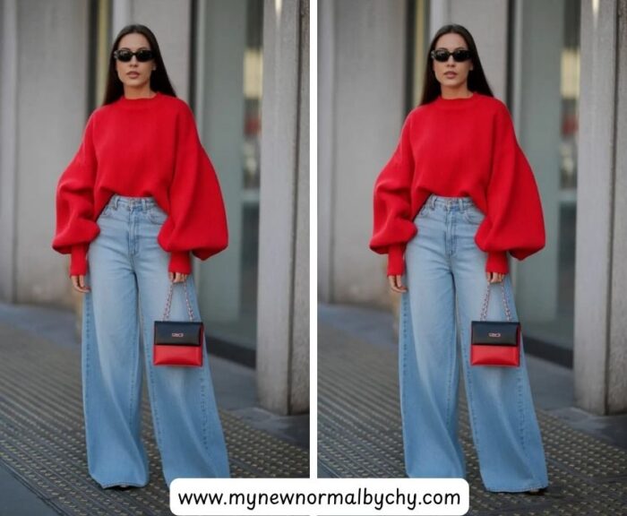 Red-sweater-with-blue-jeans-45-Cute-Sweater-and-Jeans-Outfits-for-Women