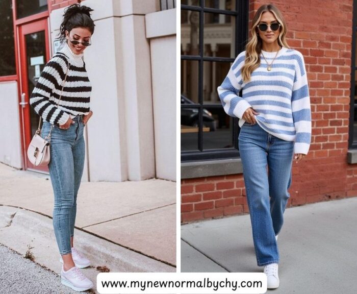 Stripped-sweater-with-straight-leg-jeans