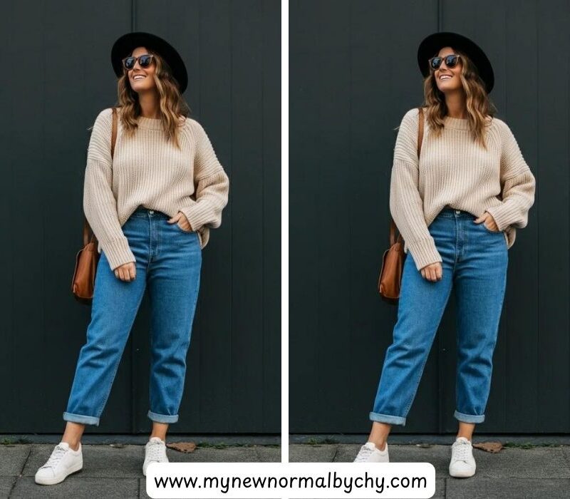 Beige-sweater--with-blue-jeans-and-white-sneakers