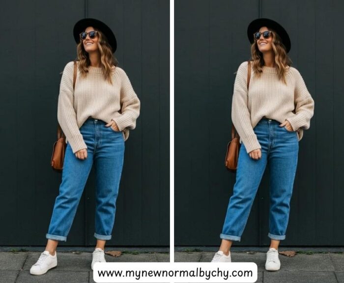 Beige-sweater--with-blue-jeans-and-white-sneakers