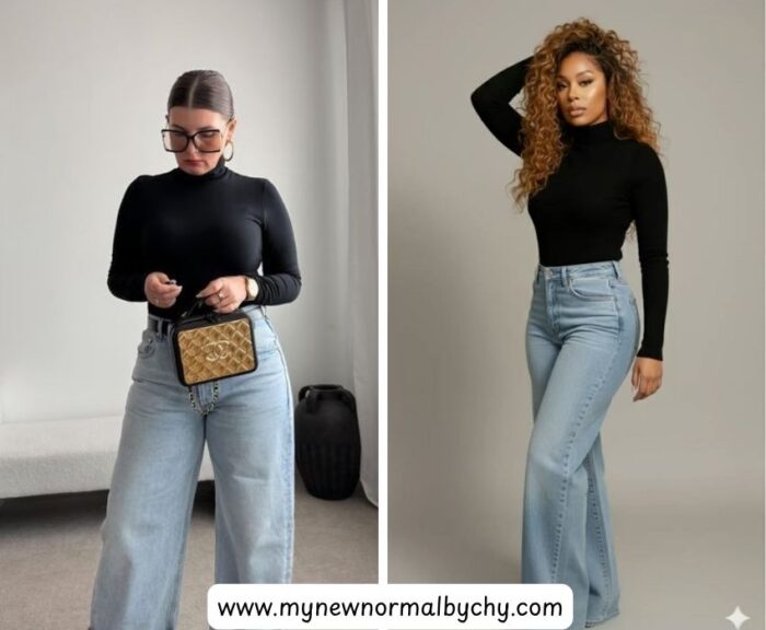 Black-sweater-with-light-blue-jeans