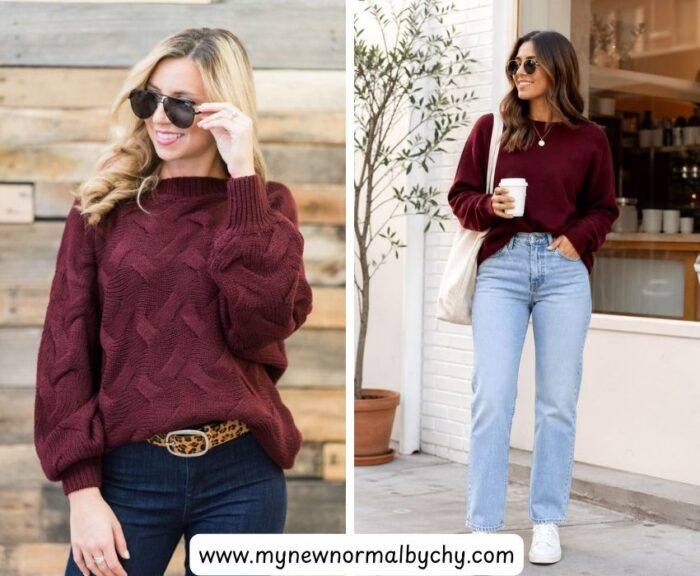 Burgundy-sweater-with-blue-jeans
